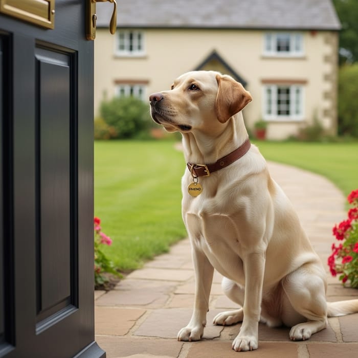 A Loyal Friend: Labrador Dog Waiting by Countryside Cottage A Loyal Friend: Labrador Dog Waiting by Countryside Cottage