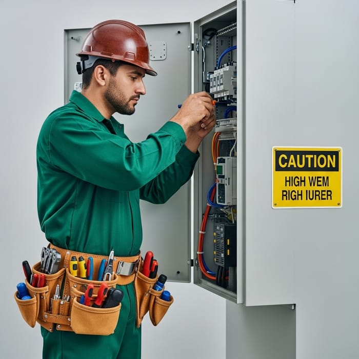 Professional Hispanic Electrician Green Electrical Panel
