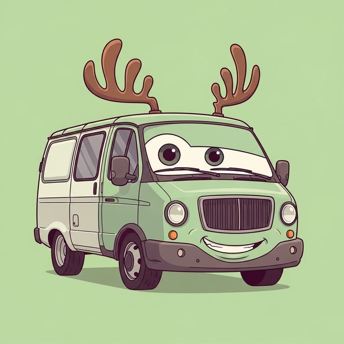 Cartoon-Style Living 'GAZelle' Vehicle with Antlers on Light Green Background Cartoon-Style Living 'GAZelle' Vehicle with Antlers on Light Green Background