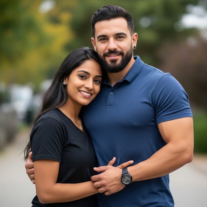 Caring South Asian Woman and Hispanic Man Standing Together