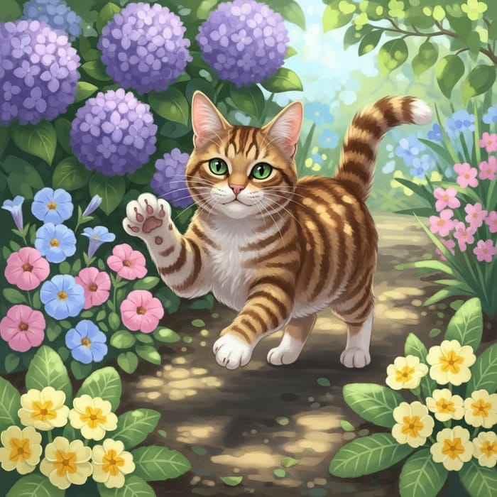 Playful Cat in Sunlit Garden - Vibrant Pastel Colors | Mischievous Expressions