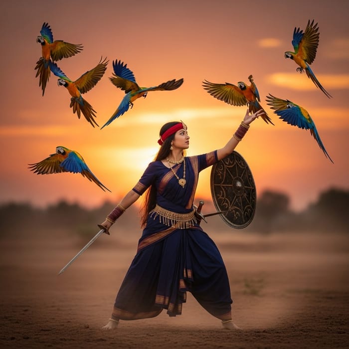 South Asian Warrior Girl Battles and Releases Parrots in Dramatic Scene South Asian Warrior Girl Battles and Releases Parrots in Dramatic Scene