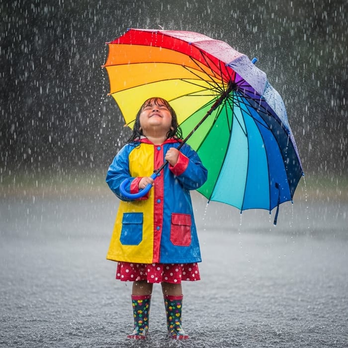 Chubby Girl Dances in Rain with Rainbow Umbrella