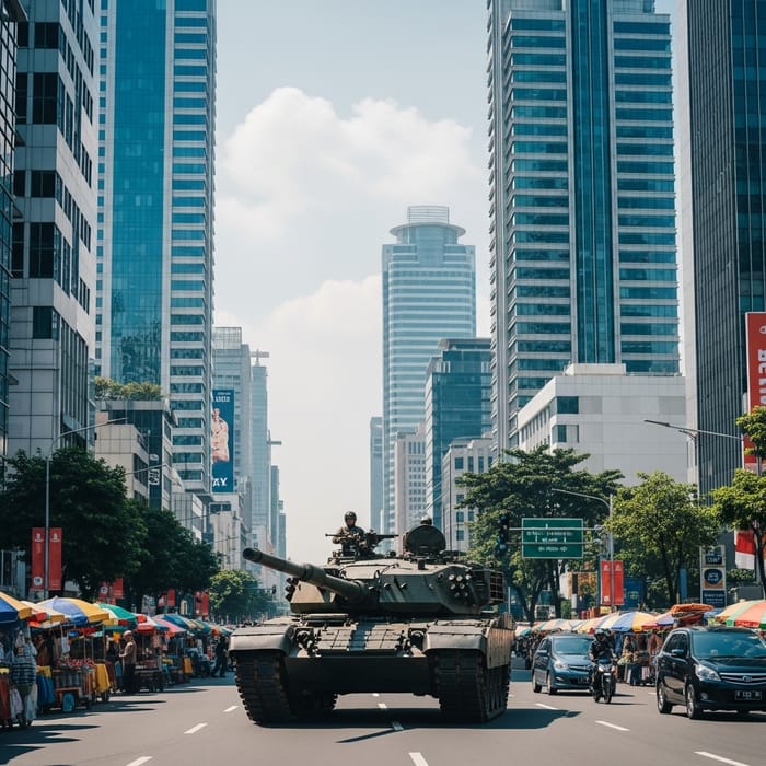 Tank Marching in Jakarta - Urban Streets with Skyscrapers Tank Marching in Jakarta - Urban Streets with Skyscrapers