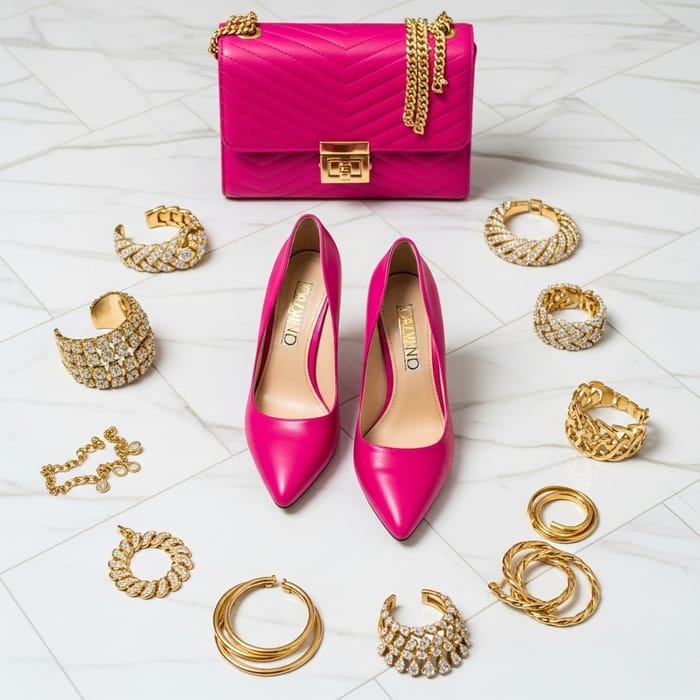 Elegant Pink Heels, Purse, and Gold Jewelry | Stylish Accessories Elegant Pink Heels, Purse, and Gold Jewelry | Stylish Accessories