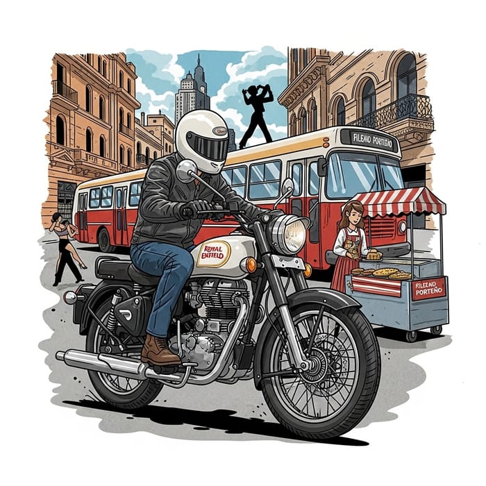 Exciting Motorcyclist Illustration: Royal Enfield in Vibrant Argentine Comic Style Exciting Motorcyclist Illustration: Royal Enfield in Vibrant Argentine Comic Style