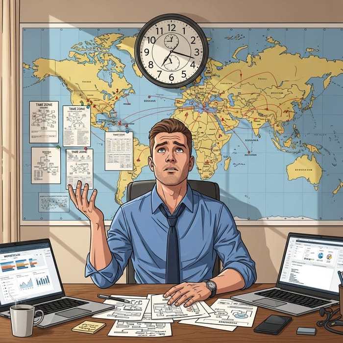 Global Time Zone Strategy: Businessman Planning Marketing Campaign Global Time Zone Strategy: Businessman Planning Marketing Campaign