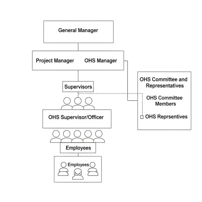 Organizational Structure: GM, PM, OHS Mgr, Supervisors, Employees, OHS Committee & Reps