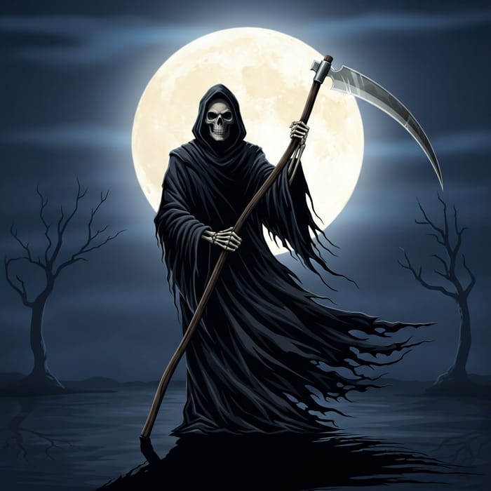 Grim Reaper with Skull Face and Moon Background