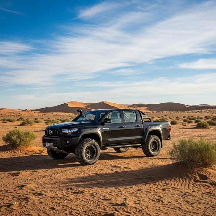 Black Pickup Truck in Isolated Desert Landscape