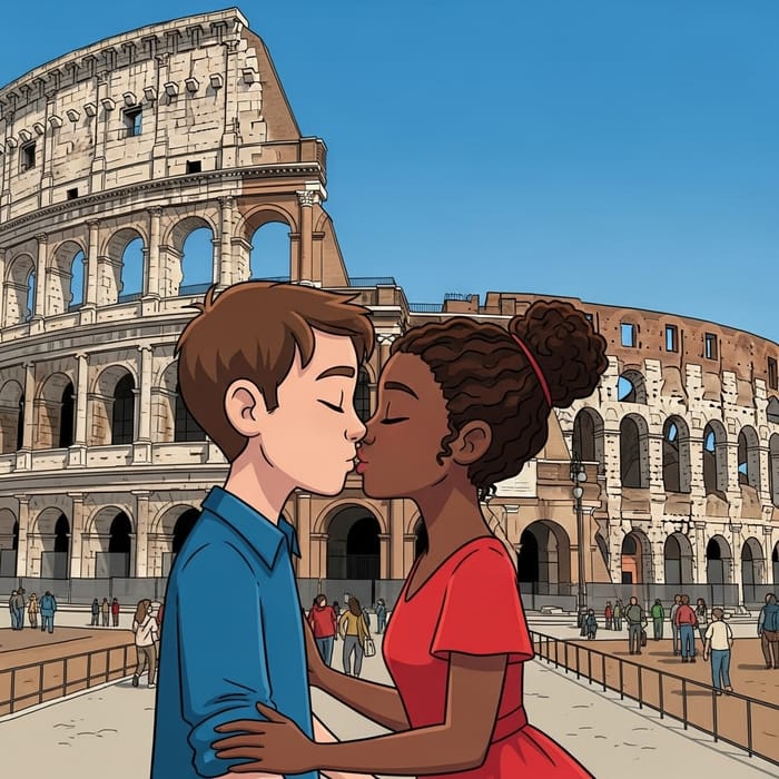 Pixar Design Boy and Girl Kissing at Colosseum in Rome