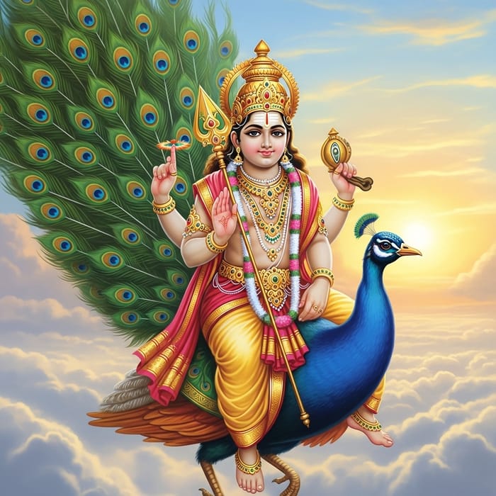 Lord Subramanya on Peacock: Vibrant Blissful Appearance