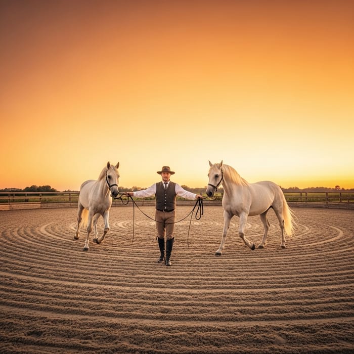 Round Riding Arena with Caucasian Horse Tamer and Spiraling White Horse