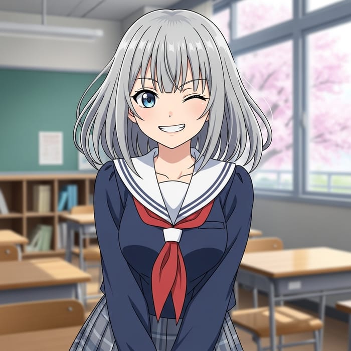 Japanese Anime-Inspired Silver-Haired Schoolgirl with a Devilish Smile Japanese Anime-Inspired Silver-Haired Schoolgirl with a Devilish Smile