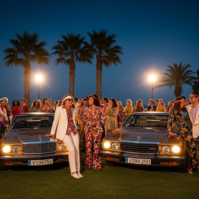 Vibrant Marbella 70s-80s Party with Golden Cars