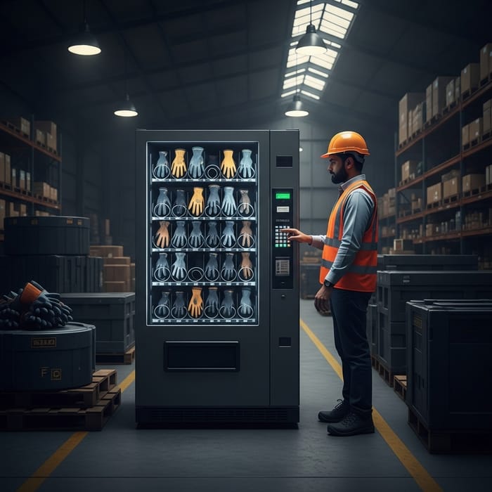 Worker in Industrial Warehouse using Vending Machine for Work Gloves Worker in Industrial Warehouse using Vending Machine for Work Gloves