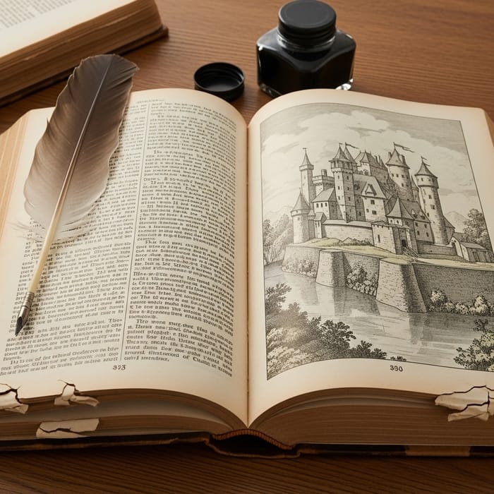 Vintage Open Hardcover Book with Medieval Castle Illustration - Detailed Image