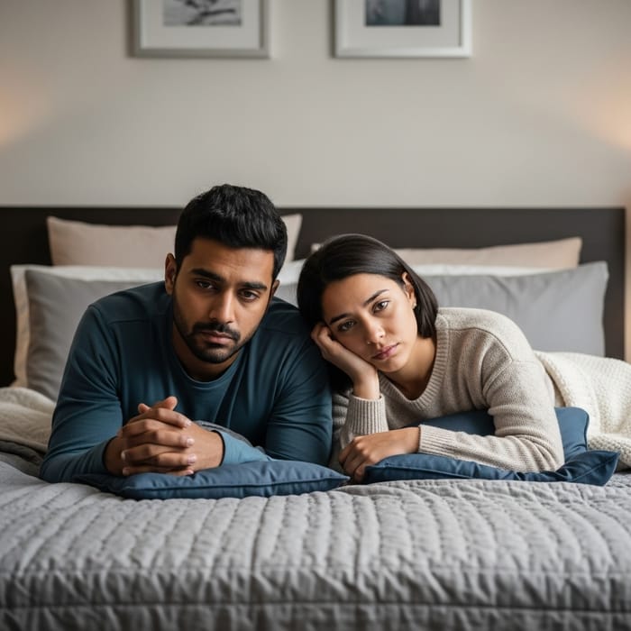 Emotional Scene: Couple Embracing Sadness in Serene Bedroom