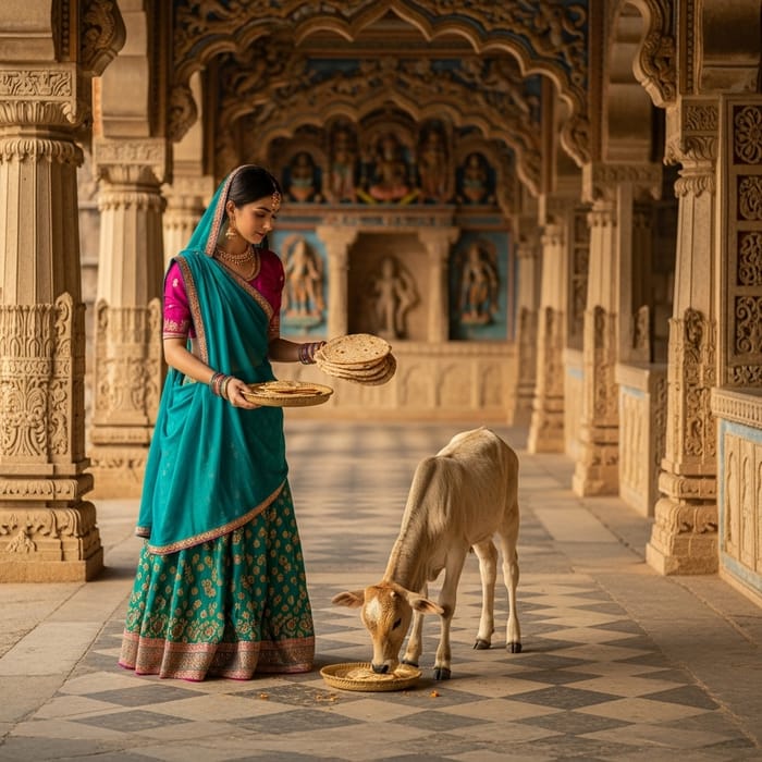 Beautiful South Asian Girl in Traditional Indian Attire at Temple with Chapatis Beautiful South Asian Girl in Traditional Indian Attire at Temple with Chapatis