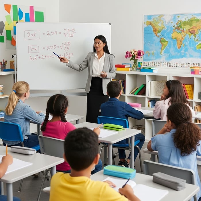 Young Teacher in Diverse Classroom Teaching Math