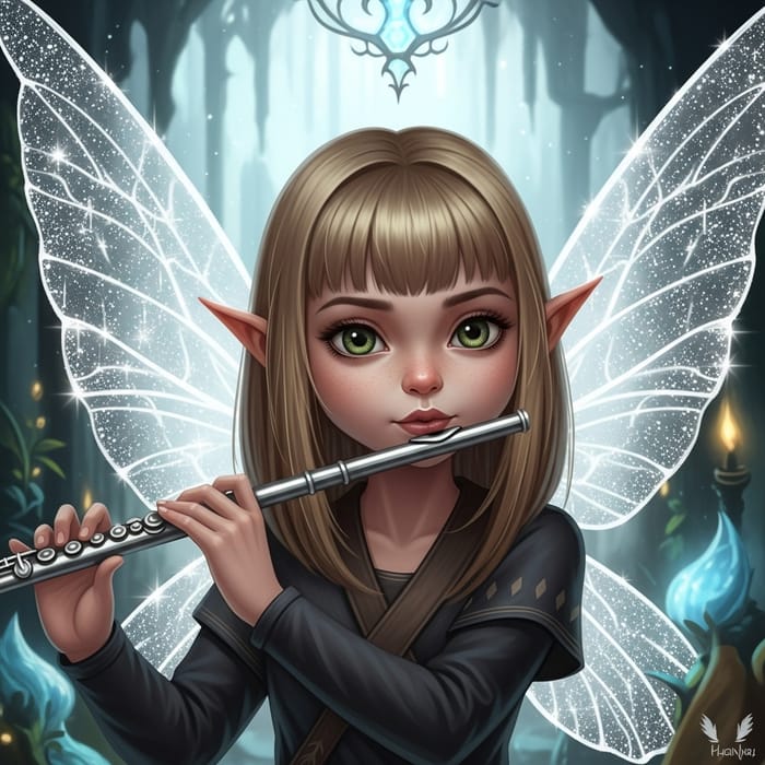 Enchanting Fairy Bard with Straight Blonde Hair Playing Flute