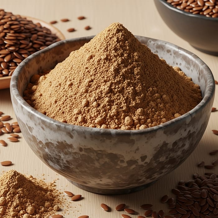 Flaxseed Powder in Rustic Ceramic Bowl Flaxseed Powder in Rustic Ceramic Bowl