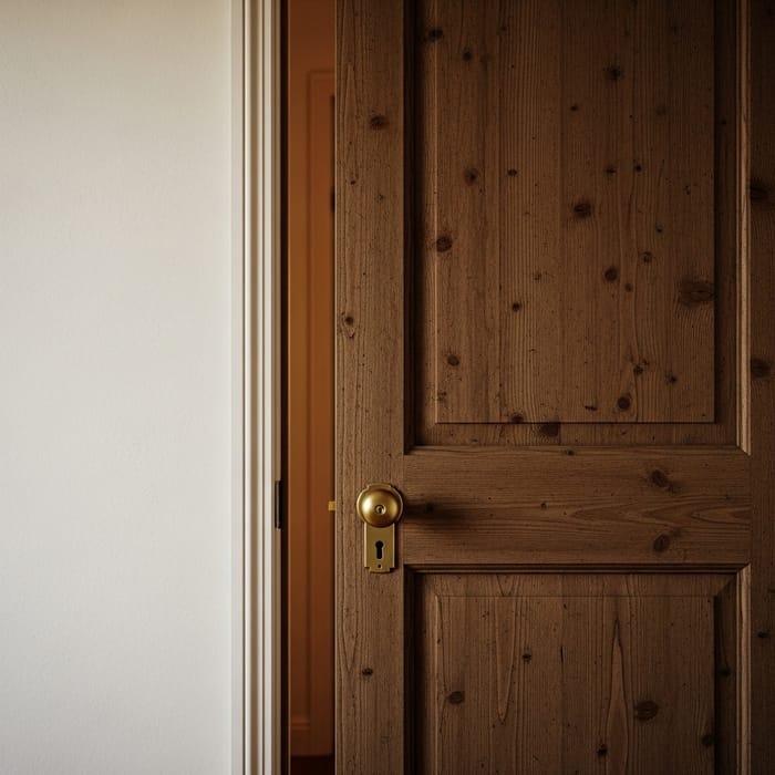 Tranquil Wood Door Ajar: Warmly Lit Room Slice Tranquil Wood Door Ajar: Warmly Lit Room Slice