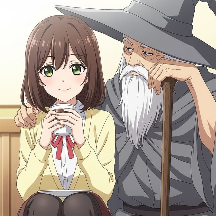 Charming Anime-Style Illustration of Young Woman and Gandalf Enjoying Coffee