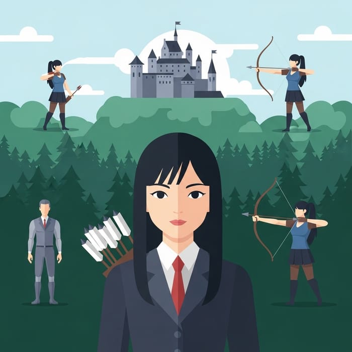 Japanese Girl in Medieval Castle Scene with Archery Girl Japanese Girl in Medieval Castle Scene with Archery Girl