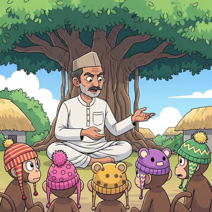 Village Man Scolding Cartoon Monkeys Under Tree