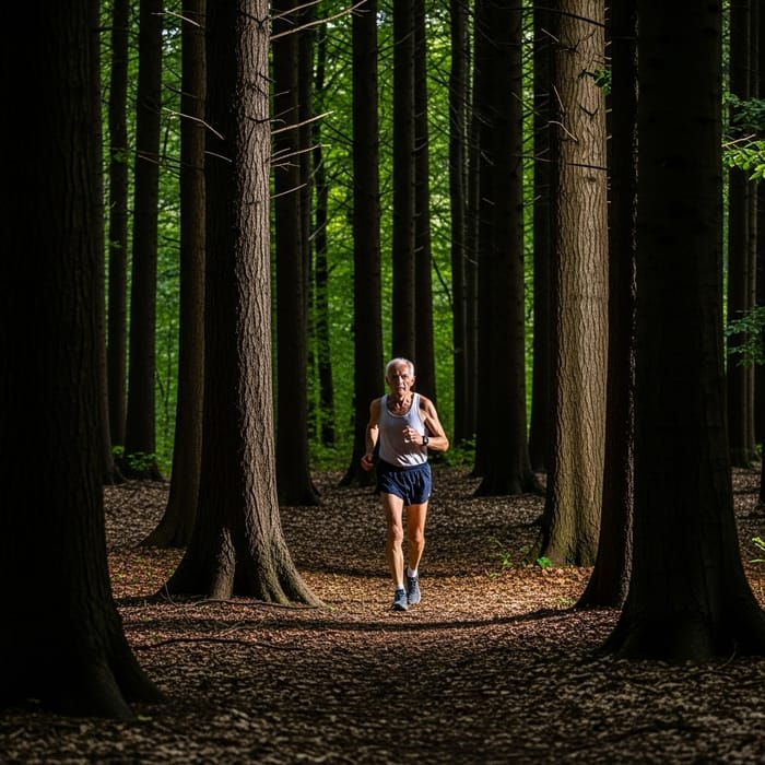 Elderly Man Running in Forest - Serenity of Nature Elderly Man Running in Forest - Serenity of Nature