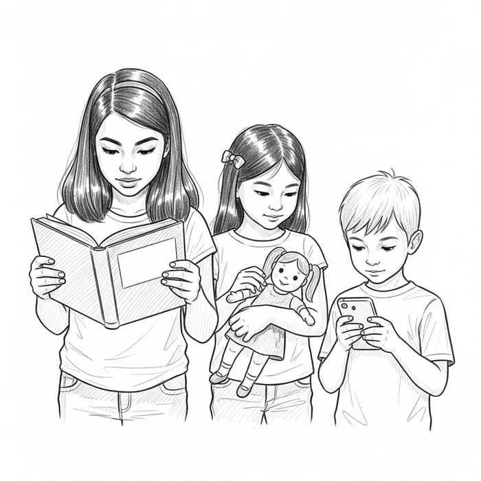 Charming Pencil Sketch of Children Engaged in Play Charming Pencil Sketch of Children Engaged in Play