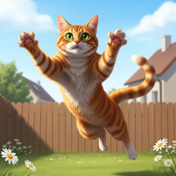 Playful Jumping Cat in Sunny Yard Playful Jumping Cat in Sunny Yard