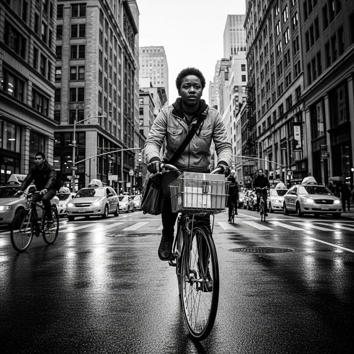 Documentary Style Delivery Person on Bicycle in Urban Setting Documentary Style Delivery Person on Bicycle in Urban Setting