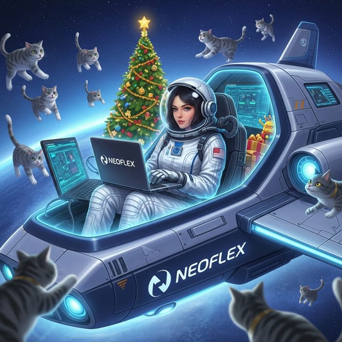 Neoflex Space Adventure: Dark-Haired Girl, Floating Cats & Futuristic Cosmos Neoflex Space Adventure: Dark-Haired Girl, Floating Cats & Futuristic Cosmos