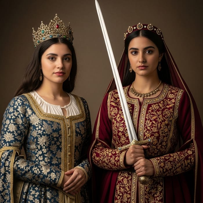 Royal Women of Antique Era: Crowned and Armed Figures Royal Women of Antique Era: Crowned and Armed Figures