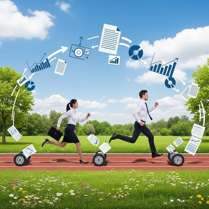 High-Energy Businessman and Businesswoman Overcoming Obstacles on Scenic Jogging Track