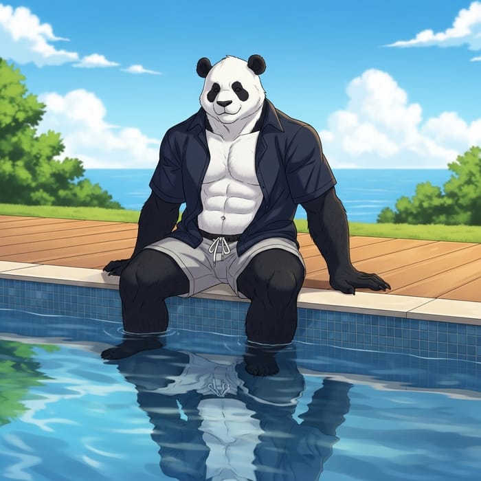 Male Panda Demi-Human Lounging by Poolside in Swim Shorts Male Panda Demi-Human Lounging by Poolside in Swim Shorts