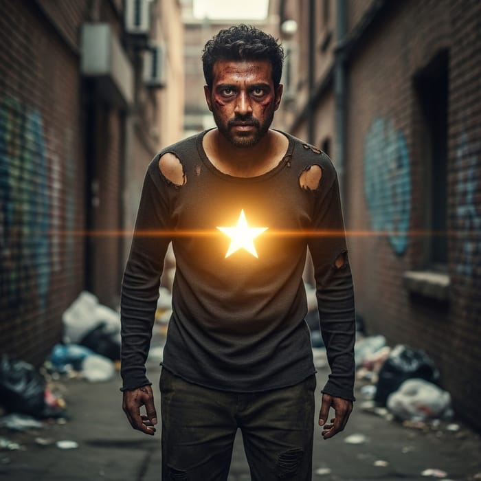 South Asian Man with Radiant Star Symbol Enduring Hardships South Asian Man with Radiant Star Symbol Enduring Hardships