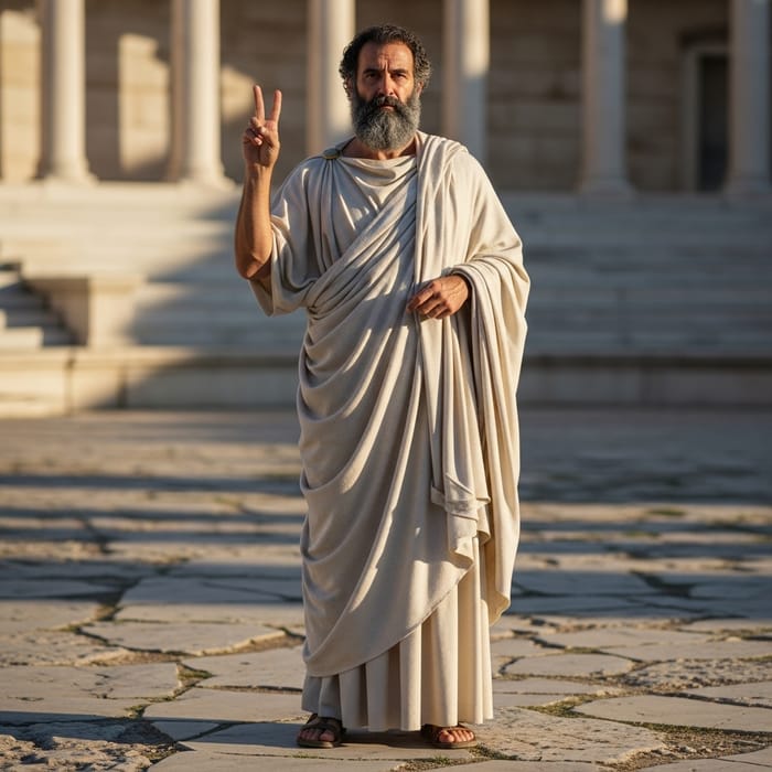 Aristotle Making Peace Sign, Full Body Shot, Standing Aristotle Making Peace Sign, Full Body Shot, Standing