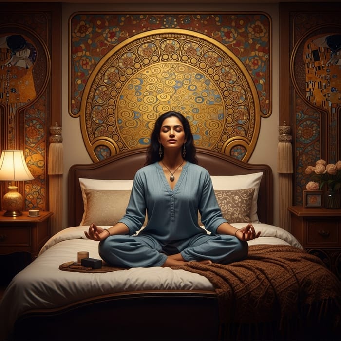Serene Woman Meditating in Artistic Bedroom Serene Woman Meditating in Artistic Bedroom