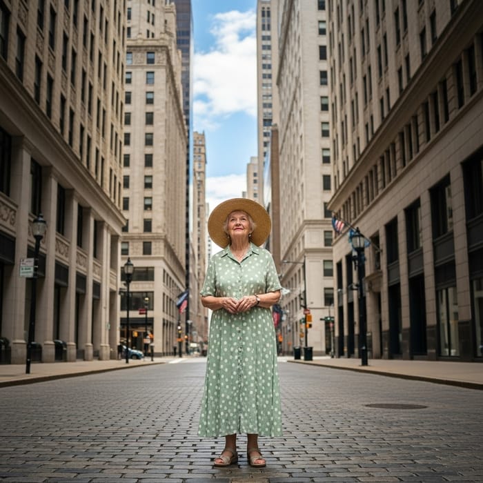 Old Lady Standing in Street | Serene Urban Scene