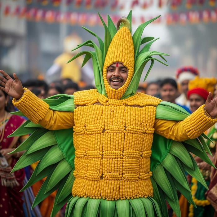 Festive South Asian Man in Detailed Corn Costume Festive South Asian Man in Detailed Corn Costume