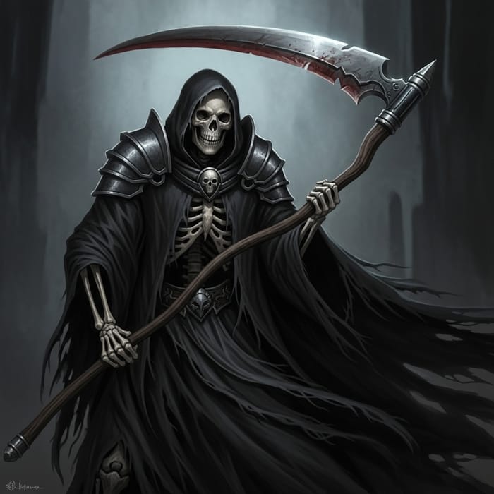Macabre Skeleton Warrior in Dark Cloak and Scythe
