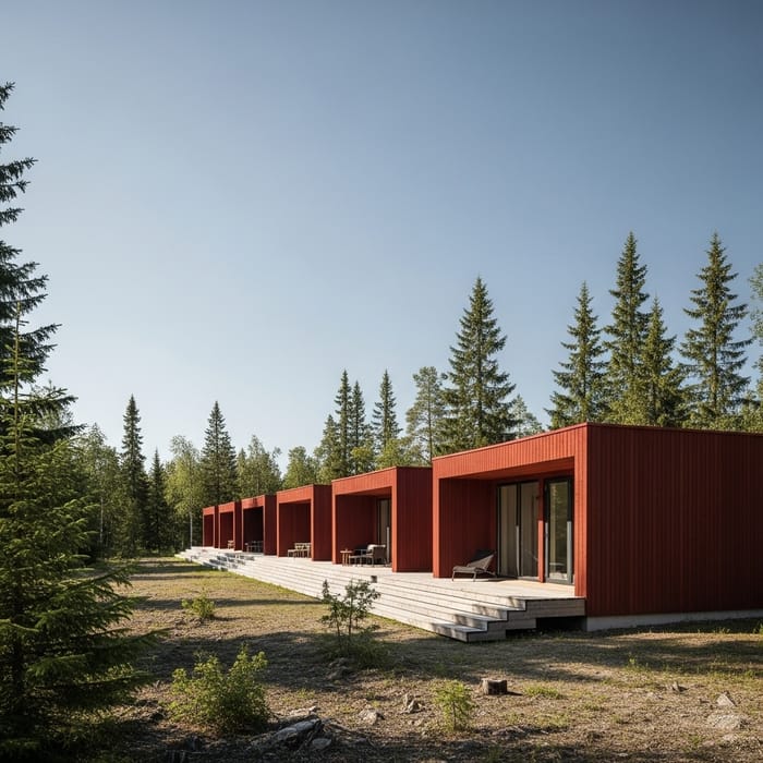 Modern Red Cedar Hotel Residence with Graded Gable, Pine Trees, and 30 Units Modern Red Cedar Hotel Residence with Graded Gable, Pine Trees, and 30 Units