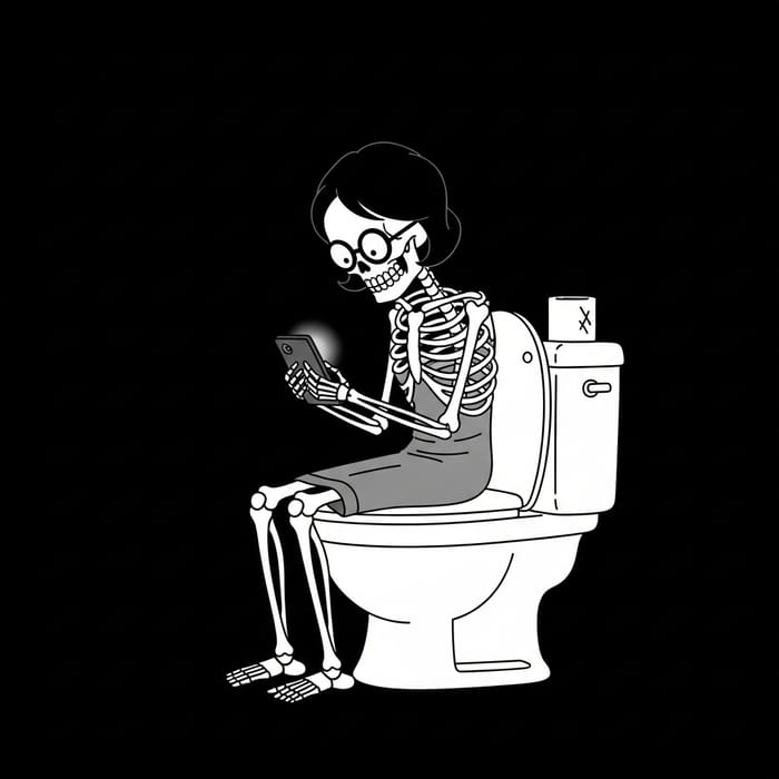 Comical Skeleton Sitting on Modern Toilet with Mobile Phone - Funny Cartoon