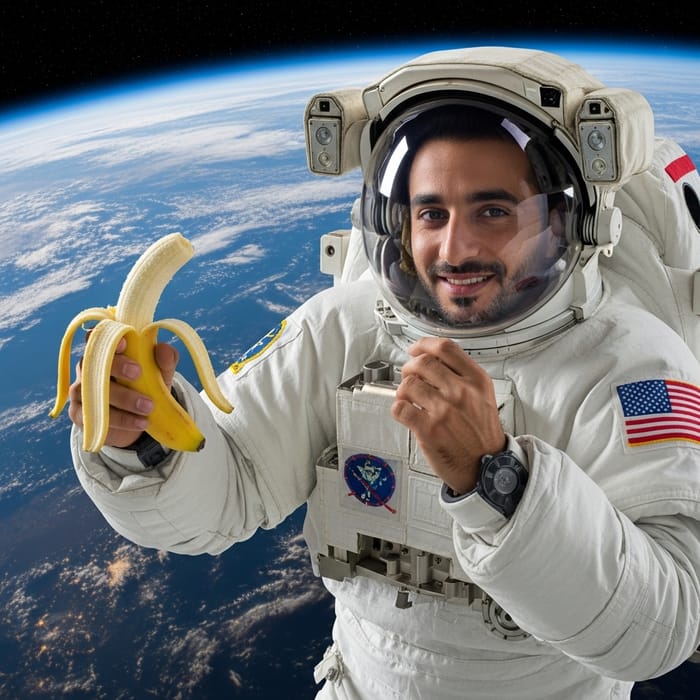 Space Explorer Eating a Banana
