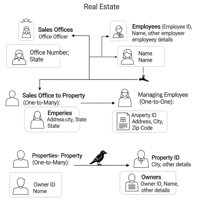 Real Estate Firm: Sales Offices, Employees, Properties, and Owners Relationship Diagram Real Estate Firm: Sales Offices, Employees, Properties, and Owners Relationship Diagram