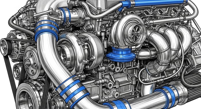 Detailed 2JZ Motor Technical Drawing in Monochrome with Blue Accents