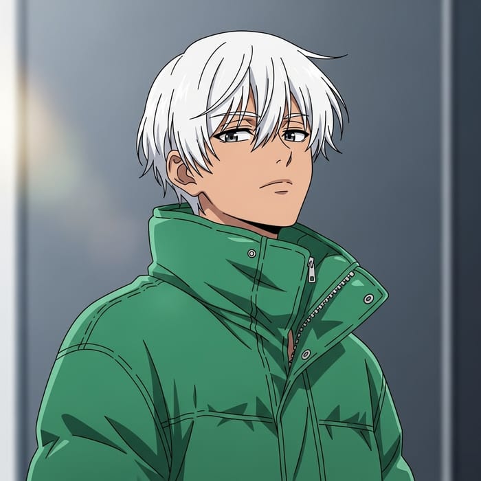 Anime Young Guy with White Hair in Simple Appearance and Green Jacket